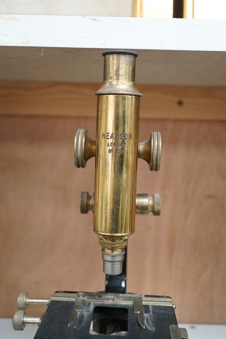 A late 19th century brass and cast iron microscope by Hearson, London, with engraved serial number; 278, approximate height 34cm